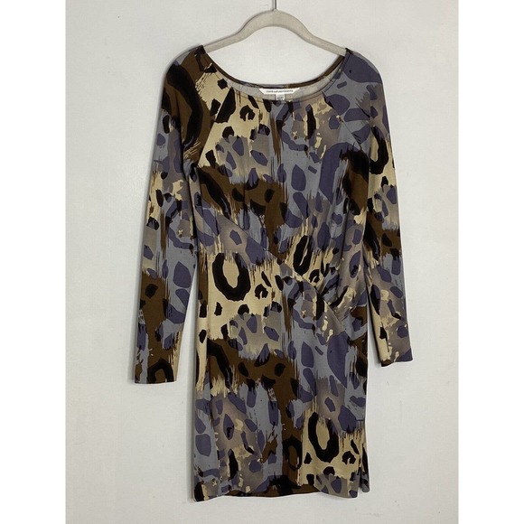 Diane Von Furstenberg Brown Animal Print 100% Silk Long Sleeve Mini Dress Size 4 - Picture 2 of 5